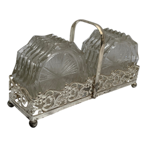 Vintage Midcentury Glass Coasters & Silver Holder-Set of Twelve