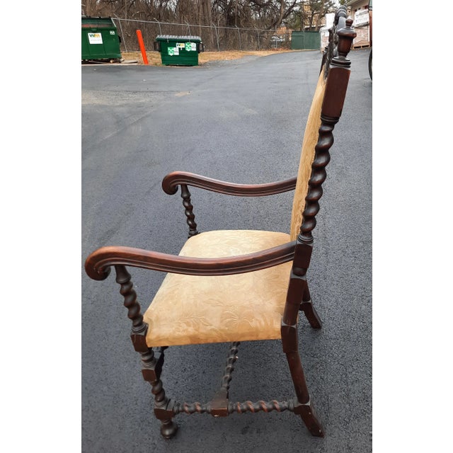 English Jacobean Hand Carved Barley Twist Upholstered Chair, Circa 1800s. Stunning 19th century English Jacobean armchair....