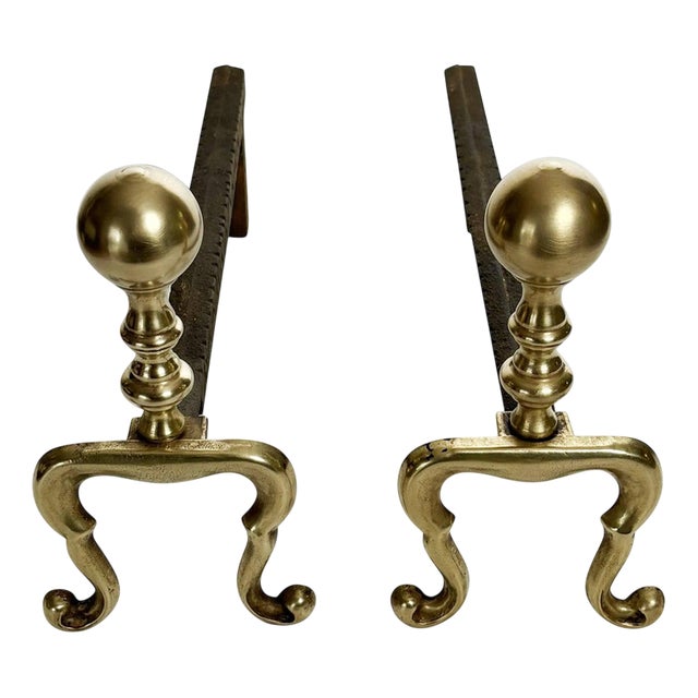 Cast Iron and Brass Andirons, France, 1950, Set of 2 For Sale