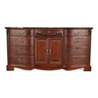 Thomasville French Louis Philippe Carved Mahogany Marble Top Triple Dresser or Credenza For Sale