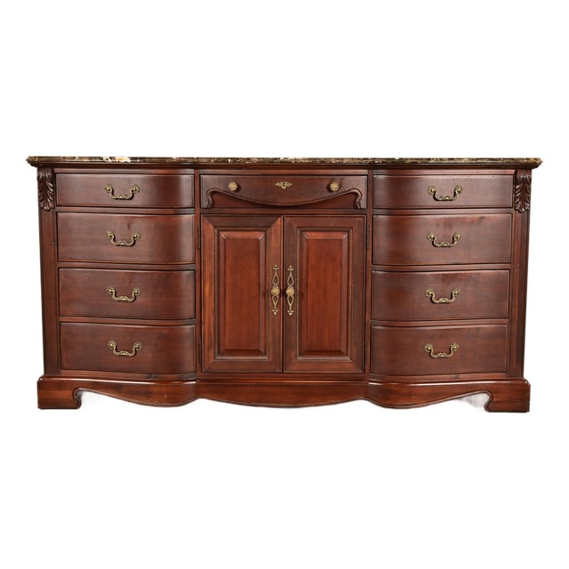 Thomasville French Louis Philippe Carved Mahogany Marble Top Triple Dresser or Credenza For Sale