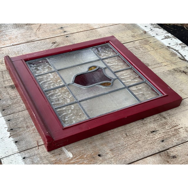 Early 20th C. Stained Glass Window - Shield / Crest in Wine Red and Old Gold For Sale - Image 4 of 13