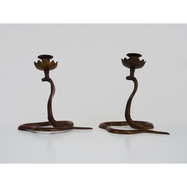 Bronze Cobra Candlesticks with Engraving, 1950s, Set of 2 For Sale - Image 3 of 11
