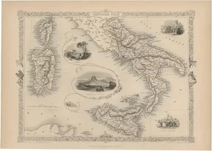 Antique Map of Southern Italy by J. Tallis, 1851