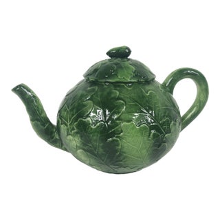 Italian Green Oak Leaf Vietri Foglia Ceramic Tea Pot For Sale