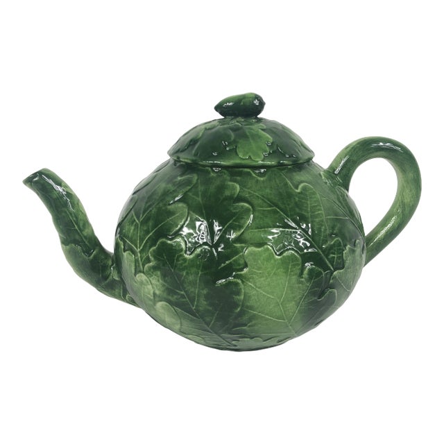 Italian Green Oak Leaf Vietri Foglia Ceramic Tea Pot For Sale