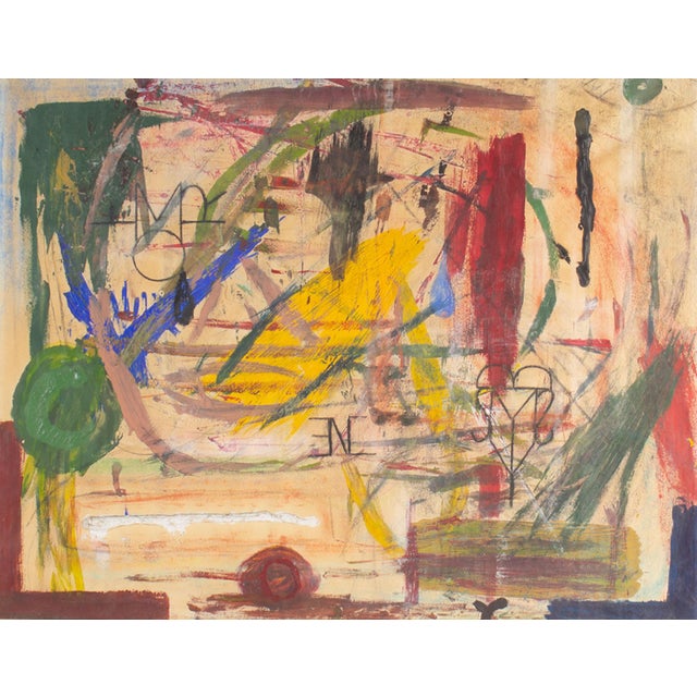 An abstract mixed media painting with a layered, detailed composition. Layers of paint and and ink create distinct shapes...