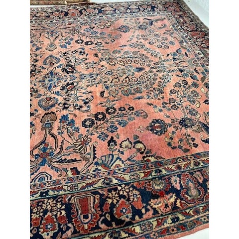 Textile Antique Botanical Sarouk GEM Salmon, Coral, Pink & Peacock Blue Rug 10.3 x 13.4 For Sale - Image 7 of 14