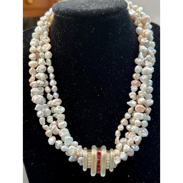 Gemstone Designer Lagos Diamond & Ruby Brooch& Pearls Necklace 14k Yellow Gold, Antique For Sale - Image 7 of 18