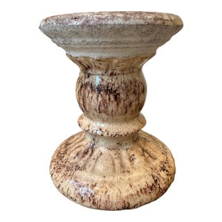 Vintage 5” French Glazed Terracotta Pillar Candleholder For Sale