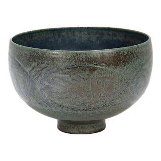 Edwin & Mary Scheier Modern Teal Blue Art Pottery Bowl With Fish & Figures For Sale