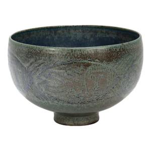 Edwin & Mary Scheier Modern Teal Blue Art Pottery Bowl With Fish & Figures