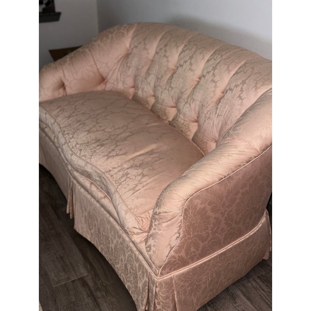 1990s Vintage Beacon Hill Tufted Damask Sofa – Blush Pink – Hollywood Regency – 60” For Sale - Image 5 of 9
