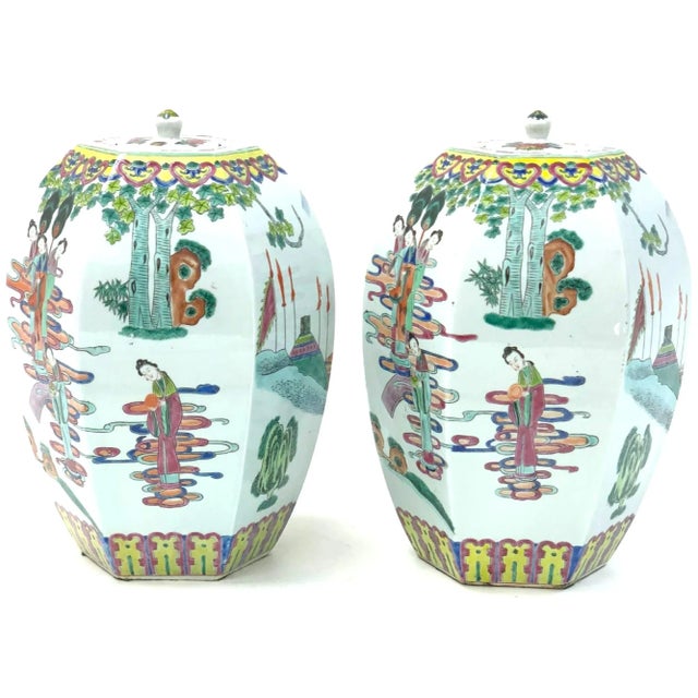 A Pair of Vintage 20th c. Chinese Porcelain Hexagonal Ginger Jars with Lids 9.5"x 13.5"h Great condition with age...