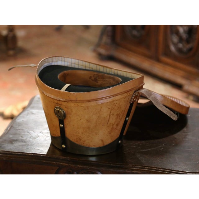 Metal Mid-19th Century French Oval Pigskin Leather Hat Box With Original Top Hat For Sale - Image 7 of 12