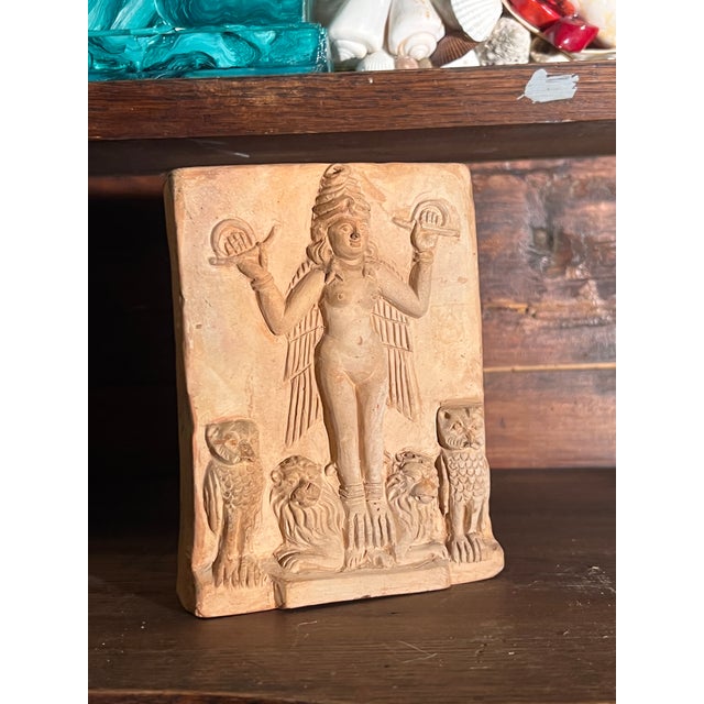 Antique Handmolded Rare Terracotta Plaque Depicting Babylonian Goddess Ishtar or Lilith For Sale - Image 4 of 9