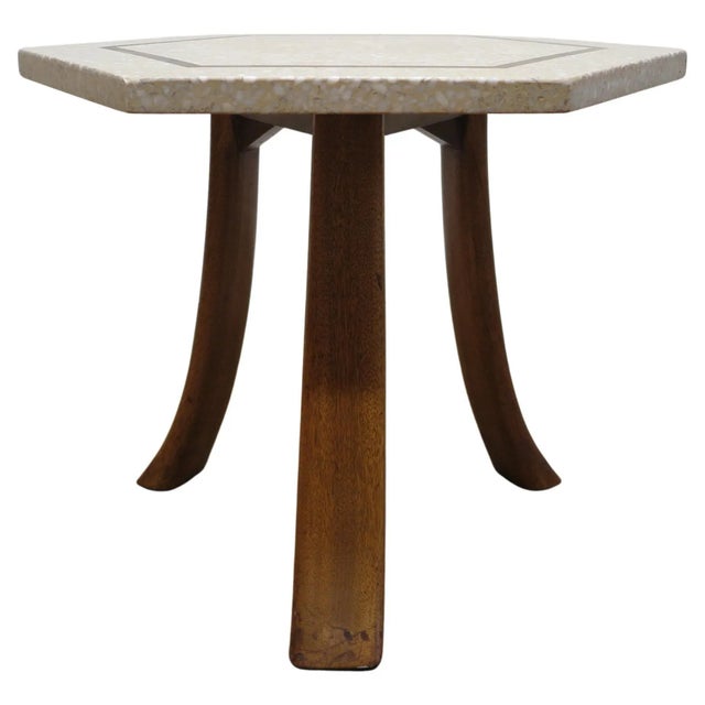 Harvey Probber Terrazzo Hexagon side - end table. Mid century side table terrazzo with inlaid brass detail set on splayed...