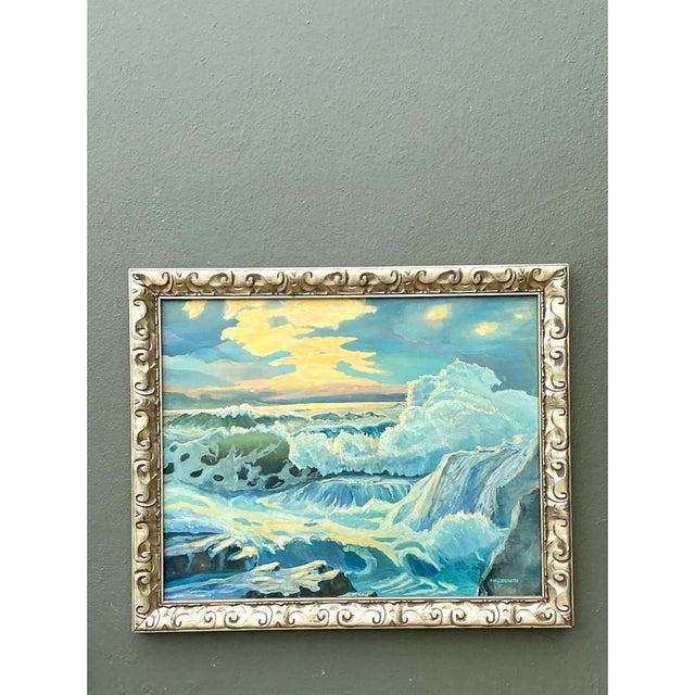 Sky Blue Vintage Seascape Oil Painting on Canvas For Sale - Image 8 of 12