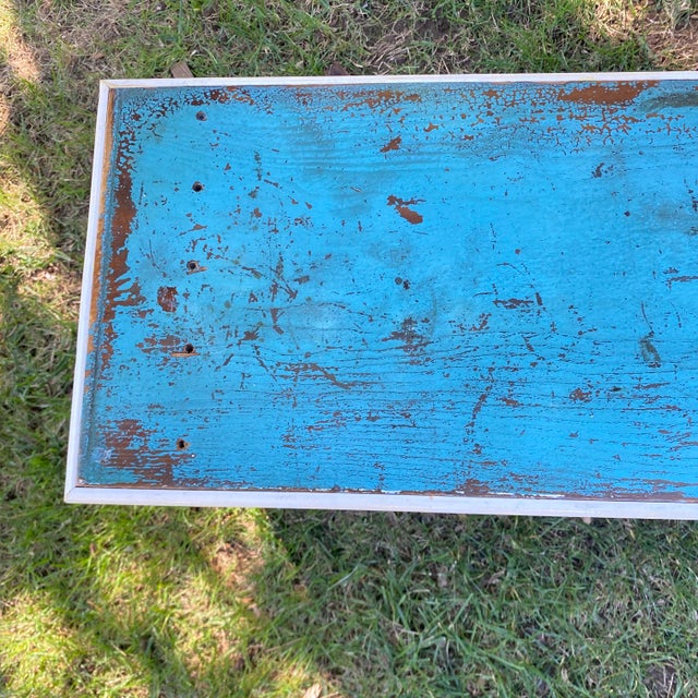 Child’s Blue and White Pine Bench Made From Reclaimed Wood For Sale In Sacramento - Image 6 of 7