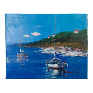 Sailboat Seascape Cove Scene, Original Oil on Canvas For Sale