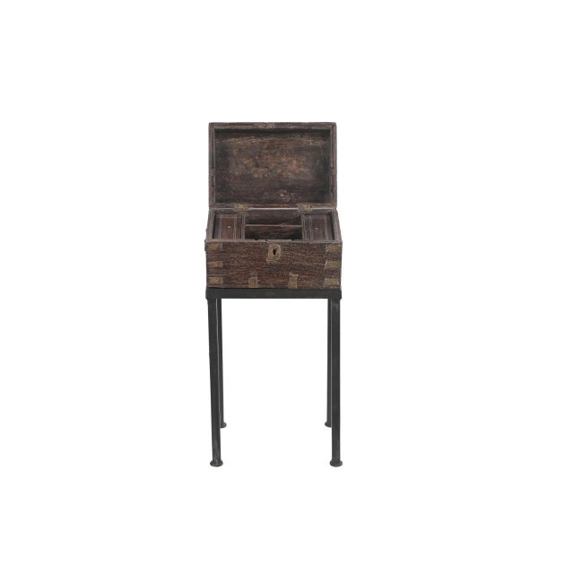 English Vintage Anglo-Indian Teak and Brass Small Chest on Iron Legs/Side Table For Sale - Image 3 of 3