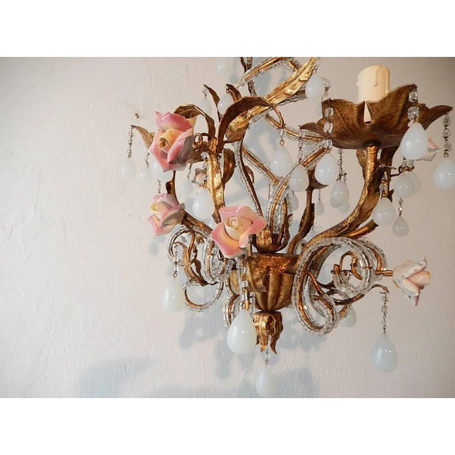 French Tole Beaded Roses and White Opaline Drops Chandelier For Sale - Image 9 of 10
