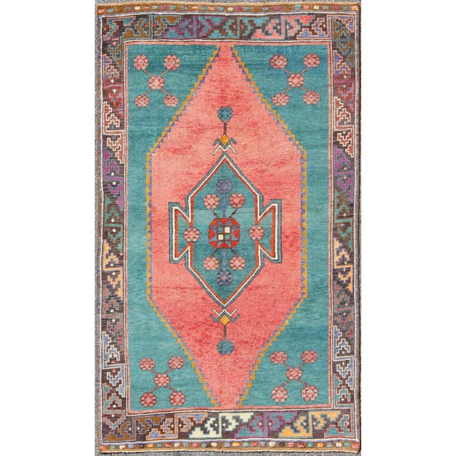 Green Tribal Design Vintage Turkish Rug in Teal, Blue, Green, Charcoal & Coral For Sale - Image 8 of 8