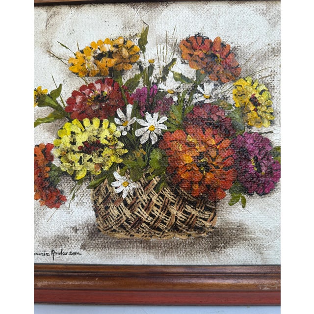 Textile 1960s Oil on Canvas Board Basket of Flowers Still Life Painting Bonnie Anderson Signed Framed For Sale - Image 7 of 12