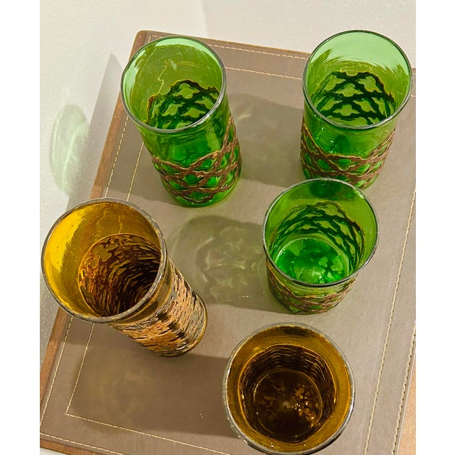 Metal VTG Felipe Derflinger Handblown Amber & Green Brutalist Caged Tumblers, Set of 5 For Sale - Image 7 of 10