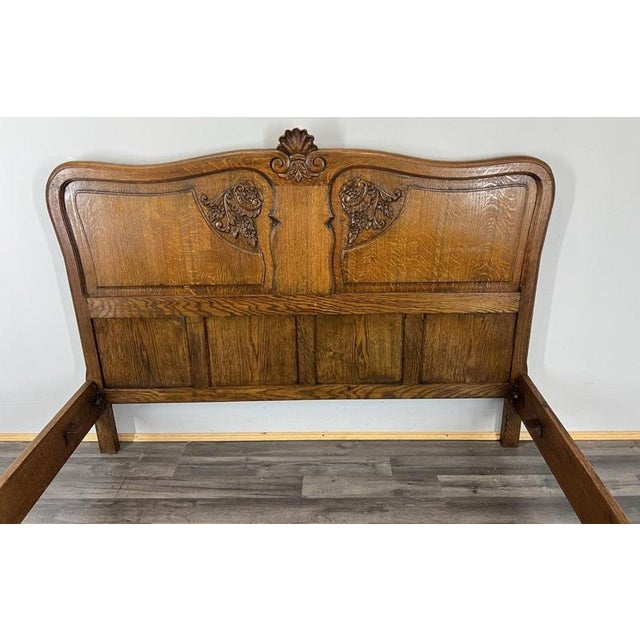 Wood Vintage French Louis XVI Style Oak Double Bed Frame with Carved Headboard For Sale - Image 7 of 10