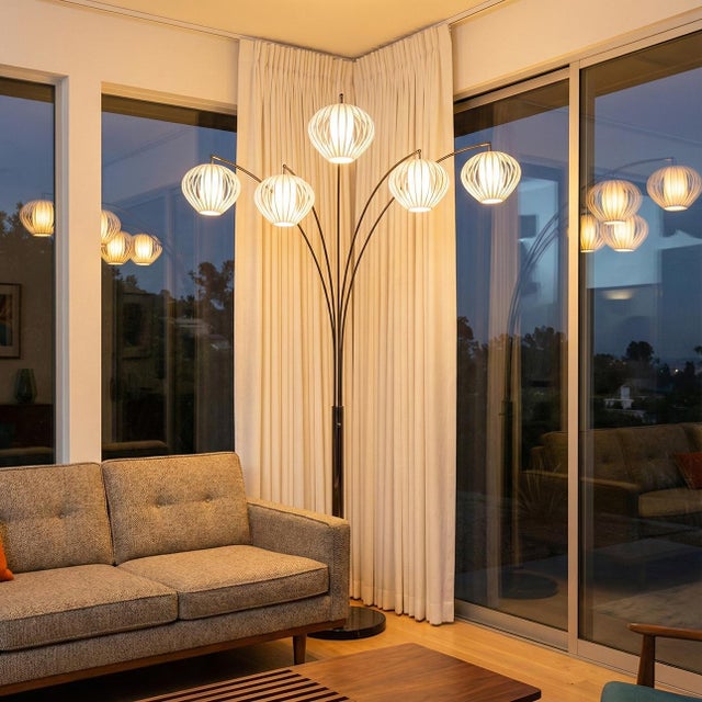 Mid-Century Modern Mid Century Bloom 5-Light Arc Floor Lamp, 1970s - Black Nickel, Black Marble Base, White Satin Shade For Sale - Image 3 of 10