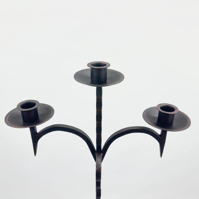 Hand Forged Iron Floor Candelabra 52″ (132cm) Antique Copper Patina 3-Arm Grand Vertical Statement Decor For Sale - Image 6 of 9