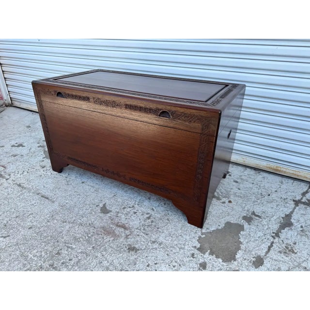 Chinese Late 19th Century Asian Themed Carved Teak Cedar Chest For Sale - Image 3 of 8