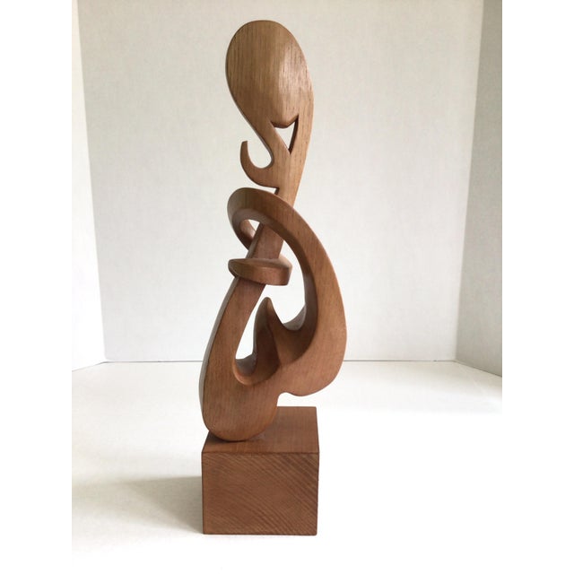 Figurative 1960s Carved Wood Sculpture of Woman Figure Mounted on Wood Pedestal For Sale - Image 3 of 7