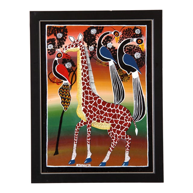 Vintage African Tinga Tinga Oil Painting of a Giraffe by