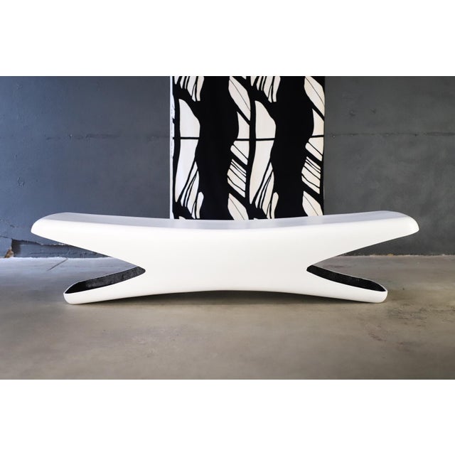 Wonderful space age indoor or outdoor fiberglass bench designed by Douglas Deeds for Sintoform Architectural Fiberglass....