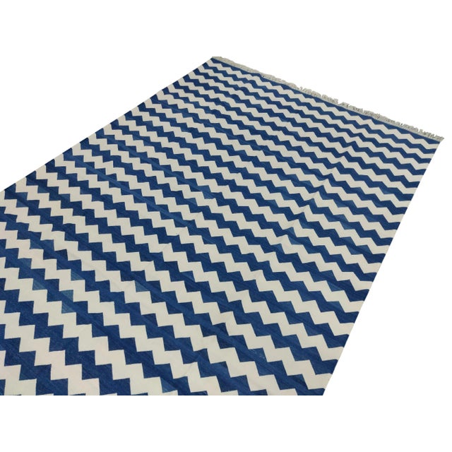 Mid-Century Modern Handmade Cotton Small Chevron Rug, Blue And White - 8'x10' For Sale - Image 3 of 7
