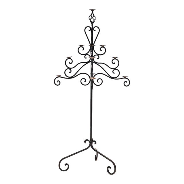 Monumental 13-Light Mexican Hand-Forged Wrought Iron Floor Candelabra – Spanish Colonial Hacienda Style, 65” Tall For Sale
