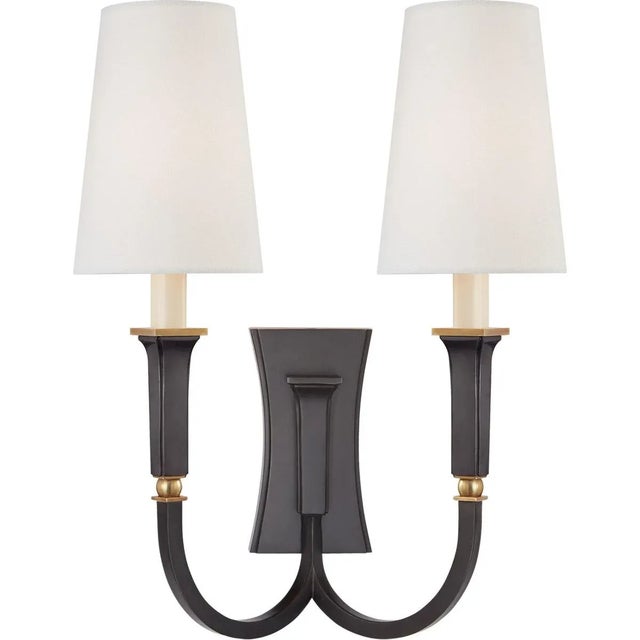 Modern Thomas O'Brien for Visual Comfort Signature Delphia Large Double Arm Sconce in Bronze & Hand-Rubbed Antique Brass with Linen Shade For Sale - Image 3 of 4
