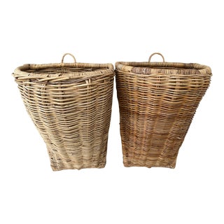 Rustic European Large Woven Rattan/Wicker Wall Baskets-A Pair For Sale