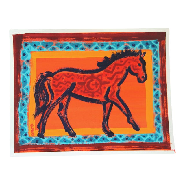 Horse Western Americana Minimalism Expressionism Folk Art Orange Turquoise Red Original Painting by Cleo Plowden For Sale