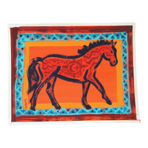 Horse Western Americana Minimalism Expressionism Folk Art Orange Turquoise Red Original Painting by Cleo Plowden
