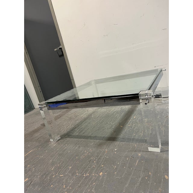 Lucite Coffee Cocktail Table Lug Peg Chrome Square Hollywood Regency Glass For Sale In New York - Image 6 of 10