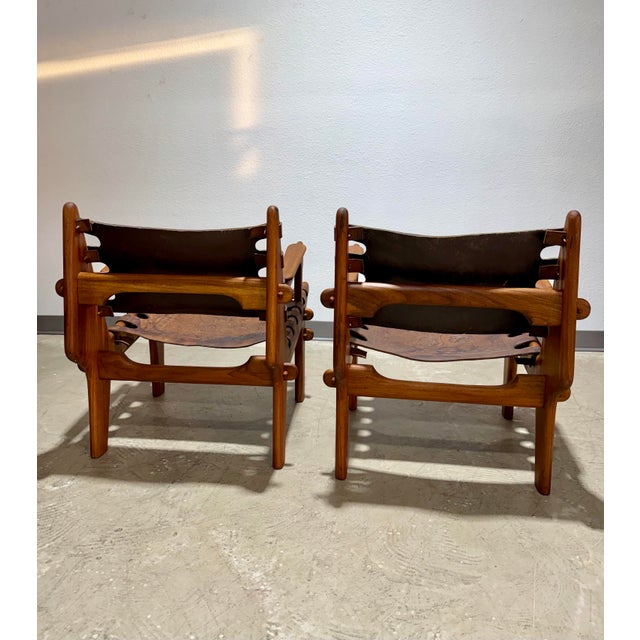1960s 1960s Set of 2 Mid Century Angel Pazmino Hand Tooled Leather Sling Safari Chairs For Sale - Image 5 of 12