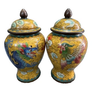 Pair of Vintage Cloisonné Enamel Dragon & Phoenix Ginger Jars For Sale