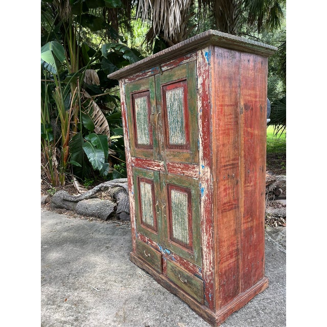 1920s Vintage Hand-Carved Red Armoire | Rustic Farmhouse Storage Wardrobe Cabinet 70 For Sale - Image 5 of 6
