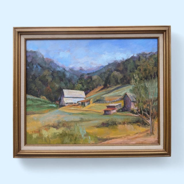 Mid Century Farmland Fields Landscape Oil Painting Signed For Sale - Image 12 of 12
