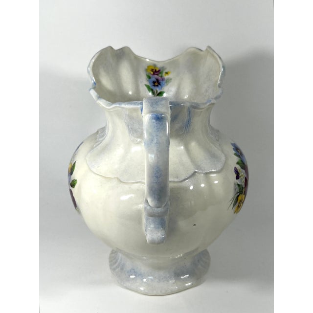 Vintage Violet, Blue and Yellow Pansy Floral Ceramic Pitcher & Wash Bowl Set, Signed 1997 For Sale - Image 4 of 11