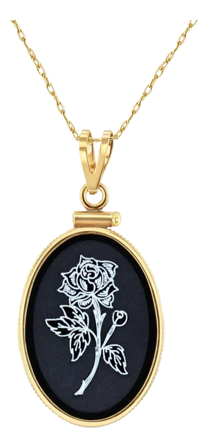3D Carved Black Onyx Rose Rose Etched Flower Oval Pendant 16"