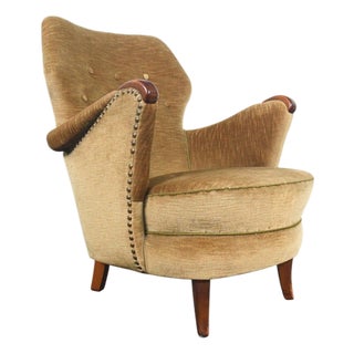 1940s Danish Modern Club Chair in Olive Gold Velvet For Sale